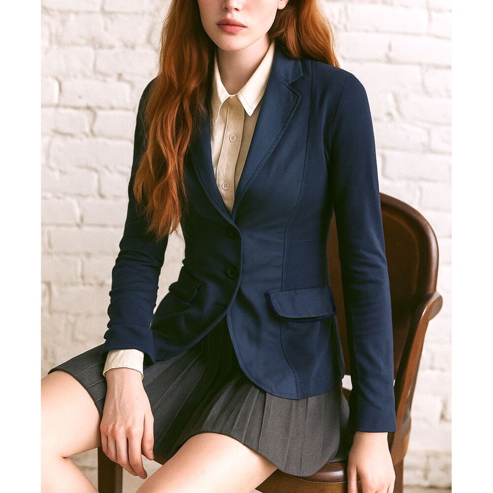 Free People Blazer Women 2 Blue Blocked Knit Woven Lightweight Academia RARE